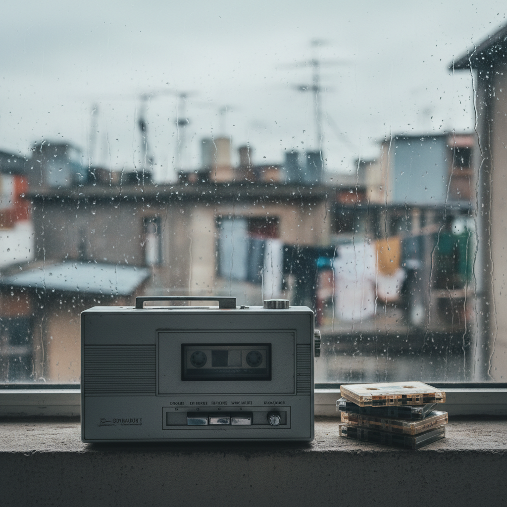 A vintage, slightly scuffed tape recorder sits on a concrete windowsill, its chrome buttons reflecting soft overcast daylight. Next to it, a small stack of cassette tapes is labeled with faint, unreadable handwriting, edges worn from frequent use. Outside the window, out of focus, abstract shapes of city rooftops and laundry lines hint at dense, lived-in neighborhoods. The window glass is streaked with rain, catching the cool gray light. Photographic realism, framed with the tape recorder on the lower third and a shallow depth of field, creates an intimate, documentary feel. The atmosphere is quiet yet resilient, suggesting captured spoken-word poems and underground voices being preserved, all without human figures.