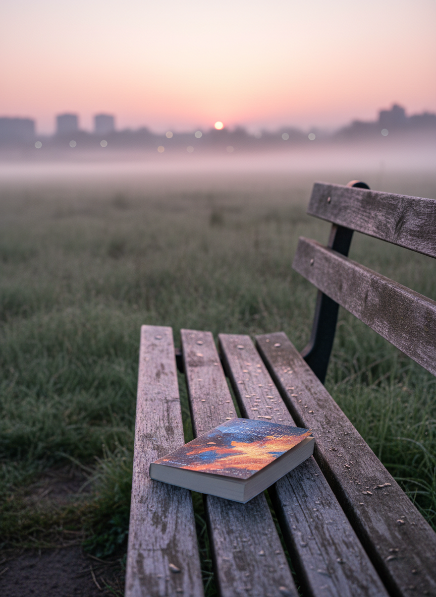 A weathered wooden park bench faces an open, misty field at dawn, a slim, colorful poetry anthology resting on its slatted seat. The book’s cover is abstract and textless, brushed with deep blues, burnt oranges, and golds that evoke liberation and resilience. Dew beads on the bench, catching the first soft pink and lavender light of sunrise. Tall grasses in the background blur into a gentle haze, with distant, indistinct city shapes just visible on the horizon. Photographic realism, composed using the rule of thirds, keeps the bench and book in sharp focus while the environment softly recedes. The mood is hopeful and introspective, suggesting quiet moments of reading poems about freedom at the edge between nature and urban life.