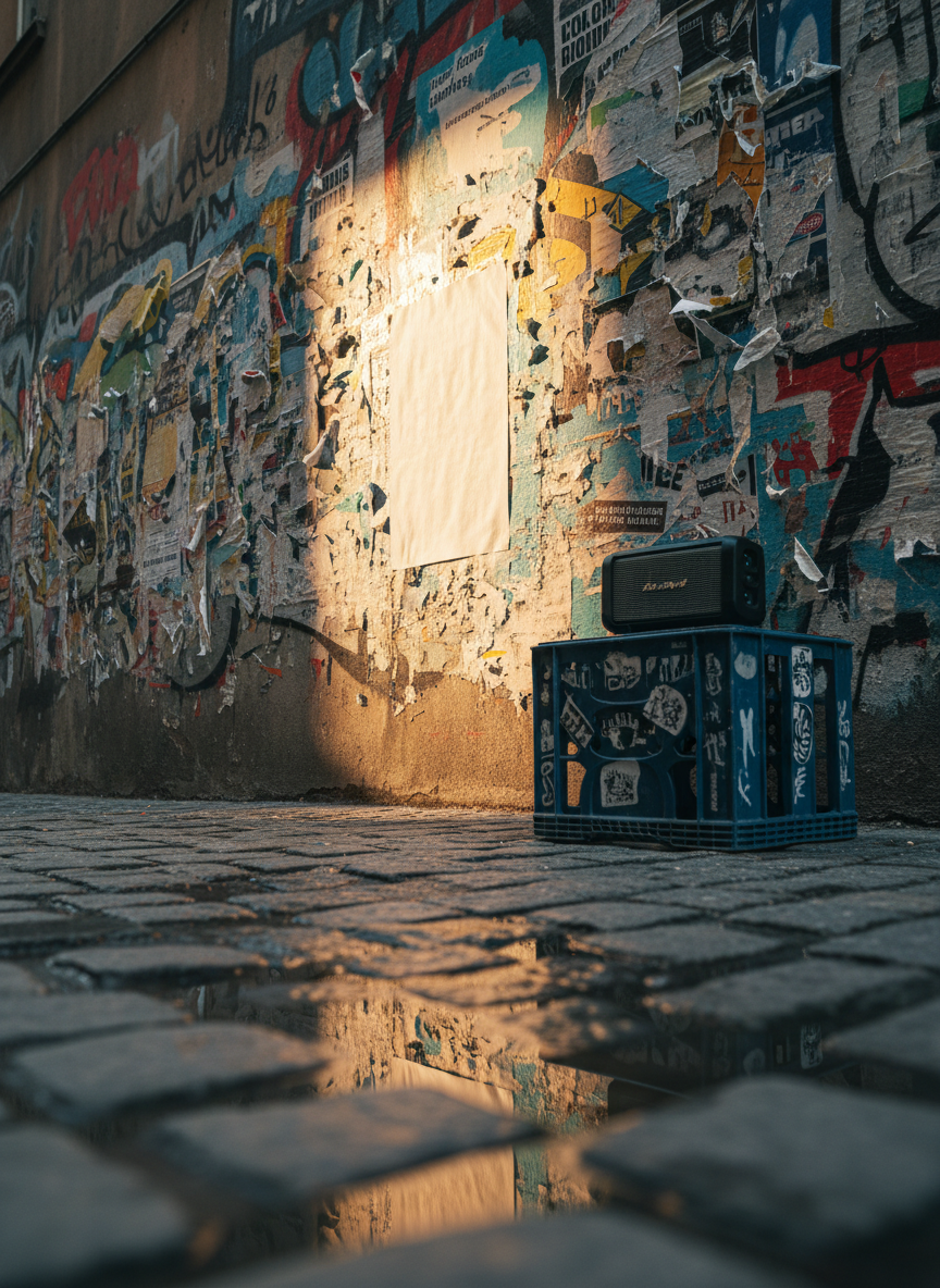 A narrow alley wall covered in layered, peeling posters and painted-over graffiti becomes an abstract canvas of color and texture. In the center, a blank wheat-pasted sheet of rough paper stands out, illuminated by a shaft of late-afternoon golden light filtering between tall buildings. Nearby, a small portable speaker, scuffed and stickered, rests on an overturned milk crate, its surface catching subtle highlights. Puddles on the cobblestone ground mirror fragmented reflections of the wall. Photographic realism, captured from a low, slightly tilted angle, uses shallow depth of field to keep focus on the wall’s textures. The mood is raw yet dignified, hinting at street poetry and marginalized stories claiming space, while carefully avoiding any human silhouettes or readable words.
