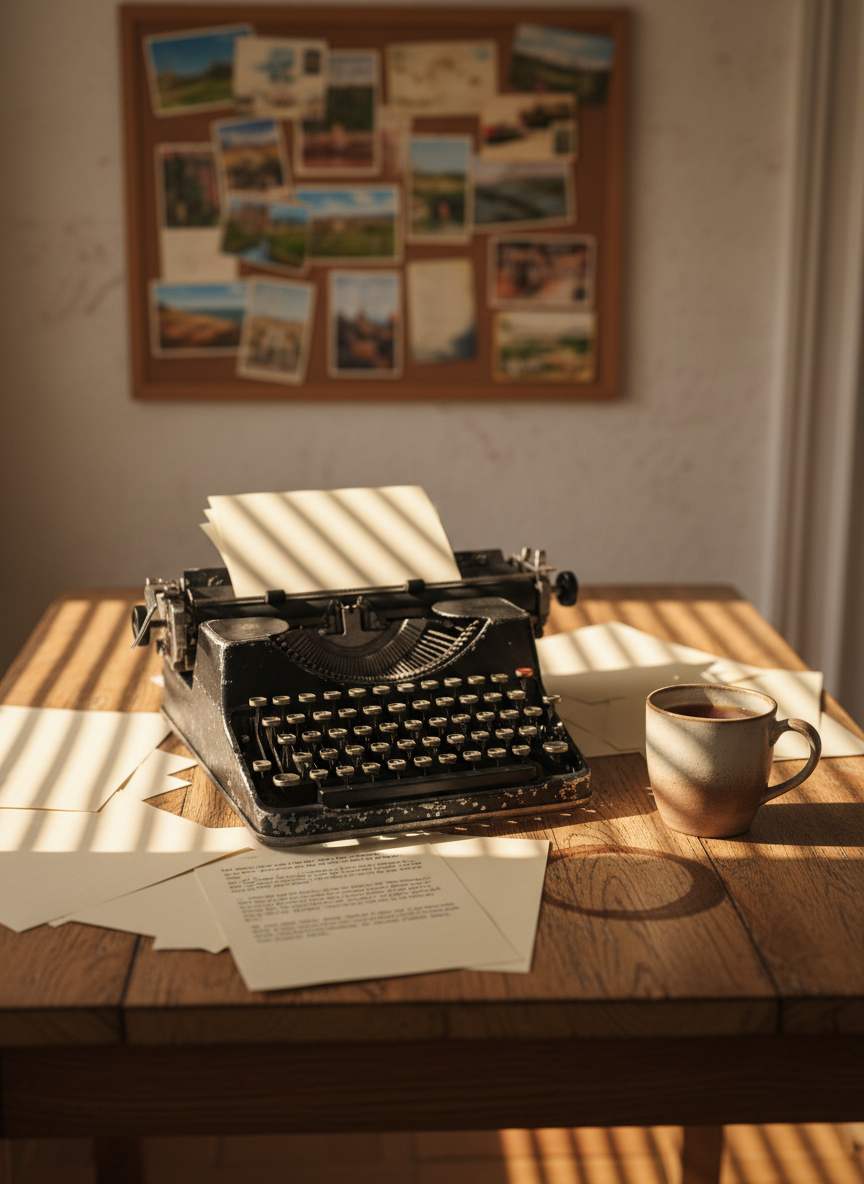 A battered metal typewriter with chipped black paint occupies the center of an old oak kitchen table, surrounded by scattered sheets of blank and lightly typed paper with indistinct words. A ceramic mug, stained on the inside, sits half-full beside it, leaving a circular ring on the wood. Faded postcards from different countries are pinned to a corkboard in the background, out of focus, hinting at migration and complex identities. Morning sunlight streams through unseen blinds, creating striped patterns of light and shadow across the keys. Photographic realism, shot from a slightly elevated angle with moderate depth of field, gives a sophisticated, nostalgic mood, embodying the labor and freedom of crafting poetry without revealing any people or readable text.